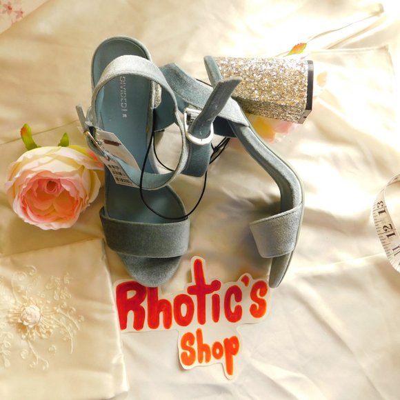 NWT Powder Blue Velvet Sparkly Chunky Block Heels - Picture 1 of 4